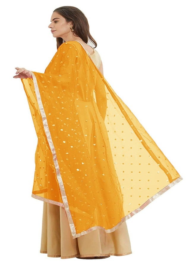 themilestocks TMS Woman's Embellished Net Dupatta Scarf Shawl Wrap Soft Indian Bridal Wedding (Mustard Yellow) - Image 1